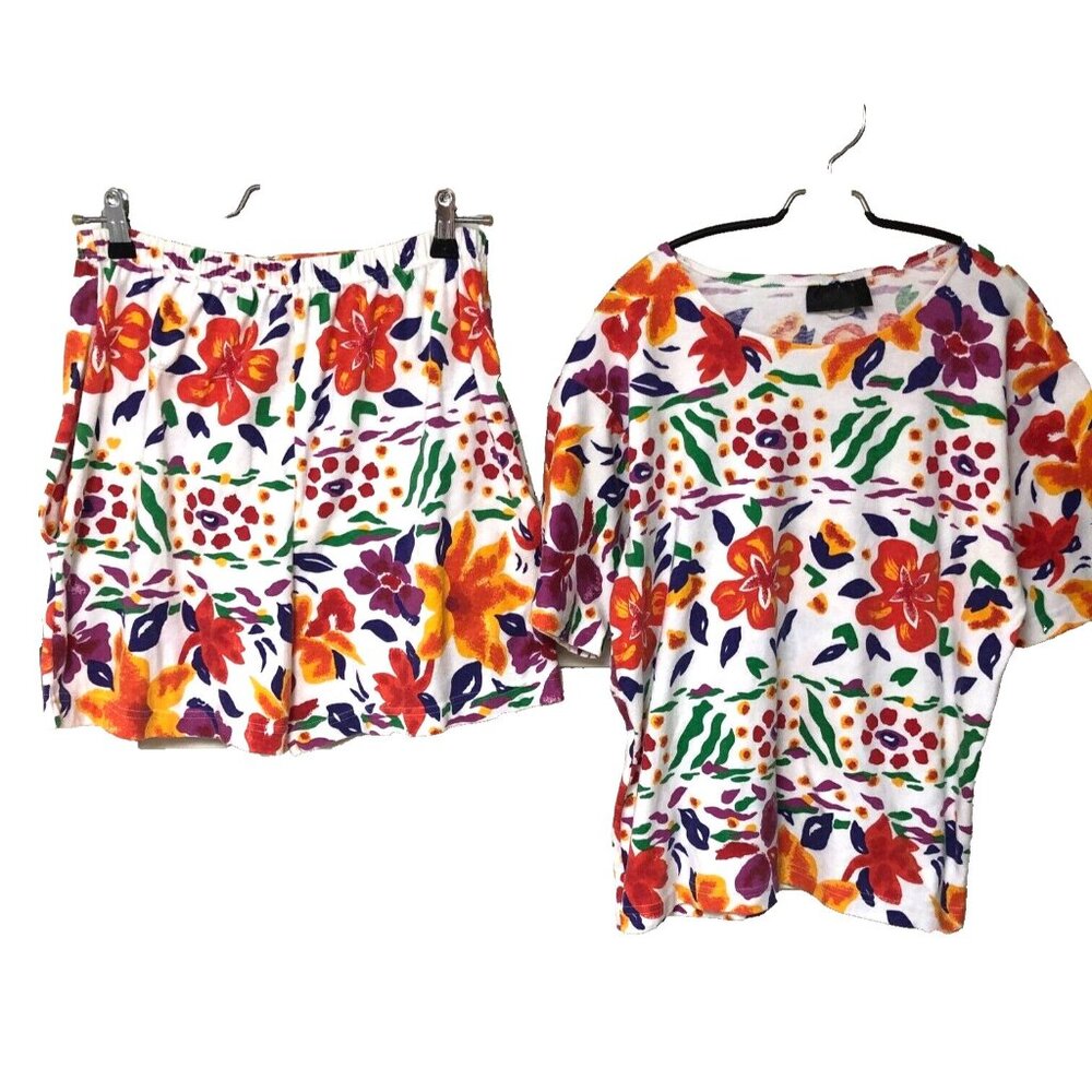 Vintage La Belle Shorts Set Womens M Wide Leg Y2K Relaxed USA Floral AOP 2‎ PC
